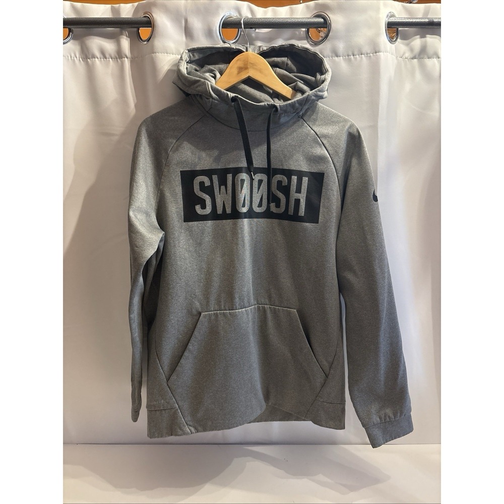 Nike Therma Dri Fit Hoodie M Gray Black Swoosh Pullover Fleece‎ Sweatshirt